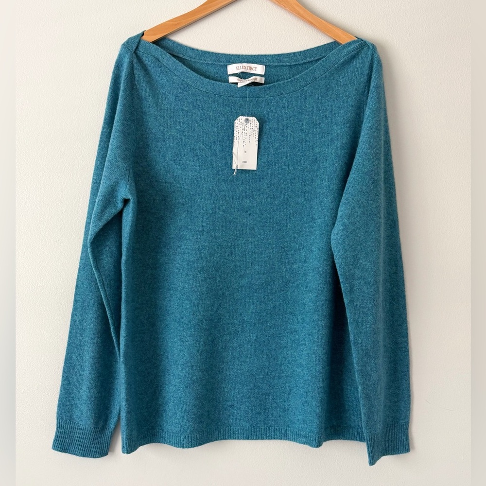 Ellen Tracy Heathered Teal Cashmere Sweater Boatneck NWT Sz XL